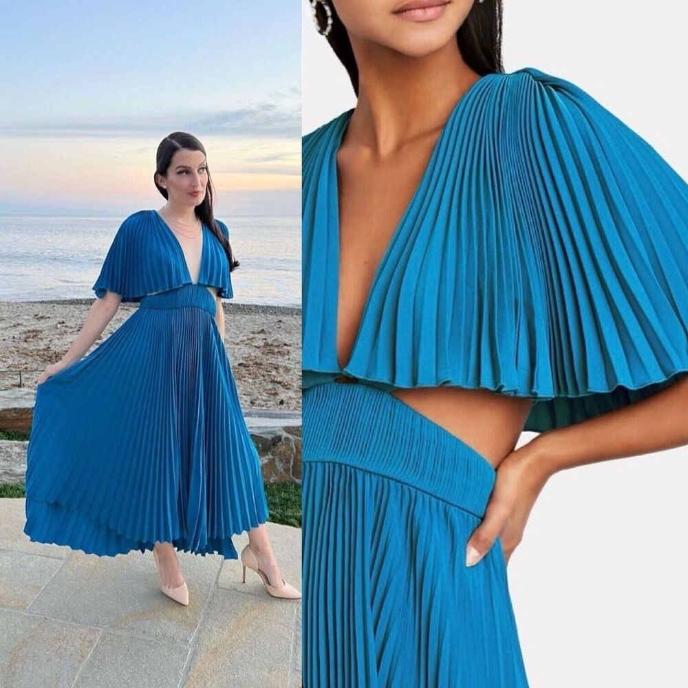 Amur Dara Pleated Cut-Out Midi Dress in Ocean Blue Size 10